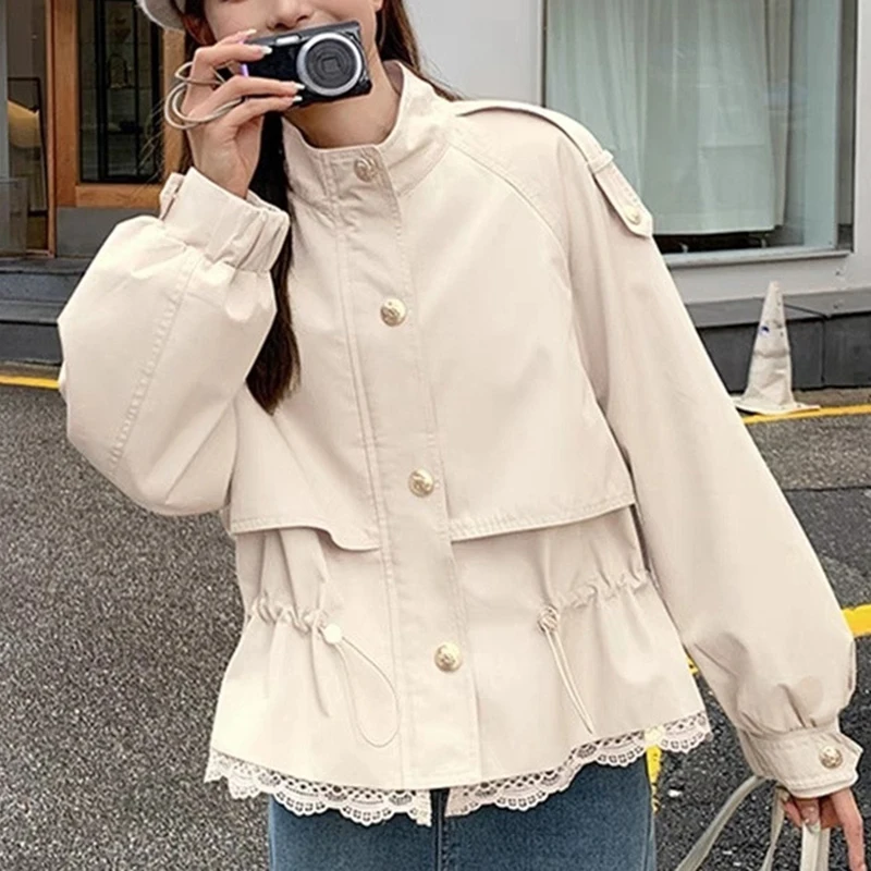 Casual Windbreaker Jacket Women Autumn Lace Patchwork Fashion Coat Fall All Match Streetwear Long Sleeve Zipper Outwear Tops New