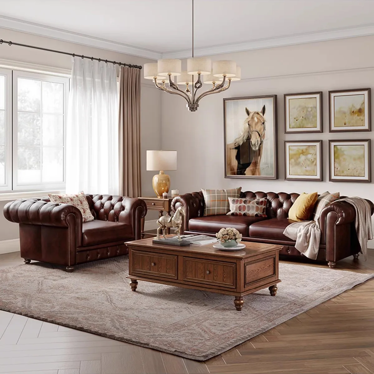 American solid wood leather sofa light luxury retro living room single double three-person combination first layer cowhide small