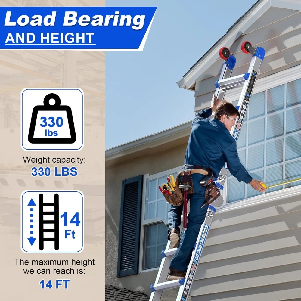 سلم تمديد قابل للطي بطول 14 قدمًا مع عجلات ومثبت لقدرة تحميل 330 رطل #6