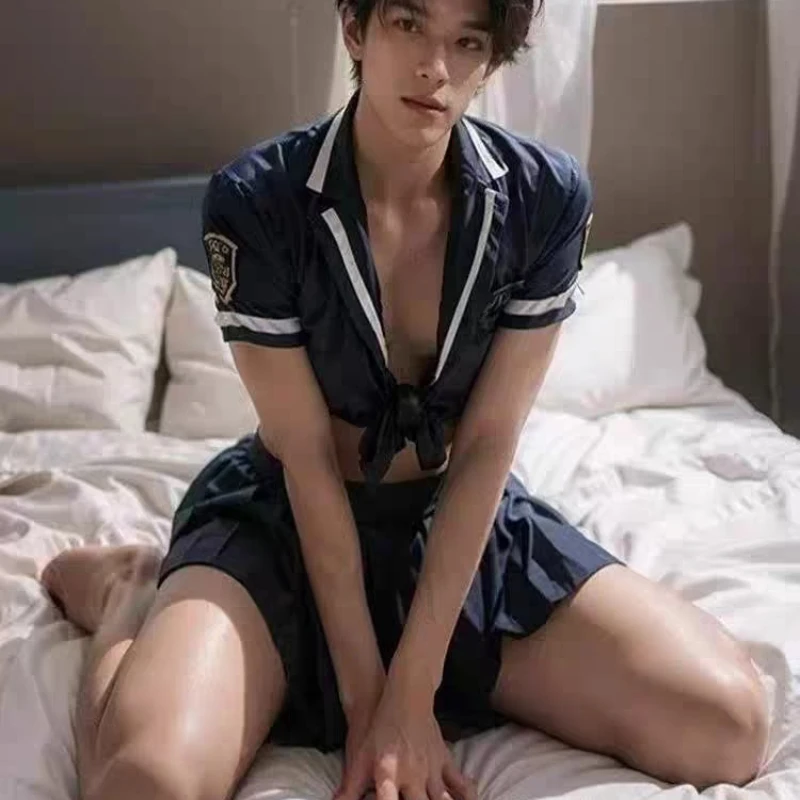 

1117 Mens Role Play Costume Set - Attractive Sailor Uniform Outfit with Adjustable Lace Dress Skirt for Male Cosplay Party Gift