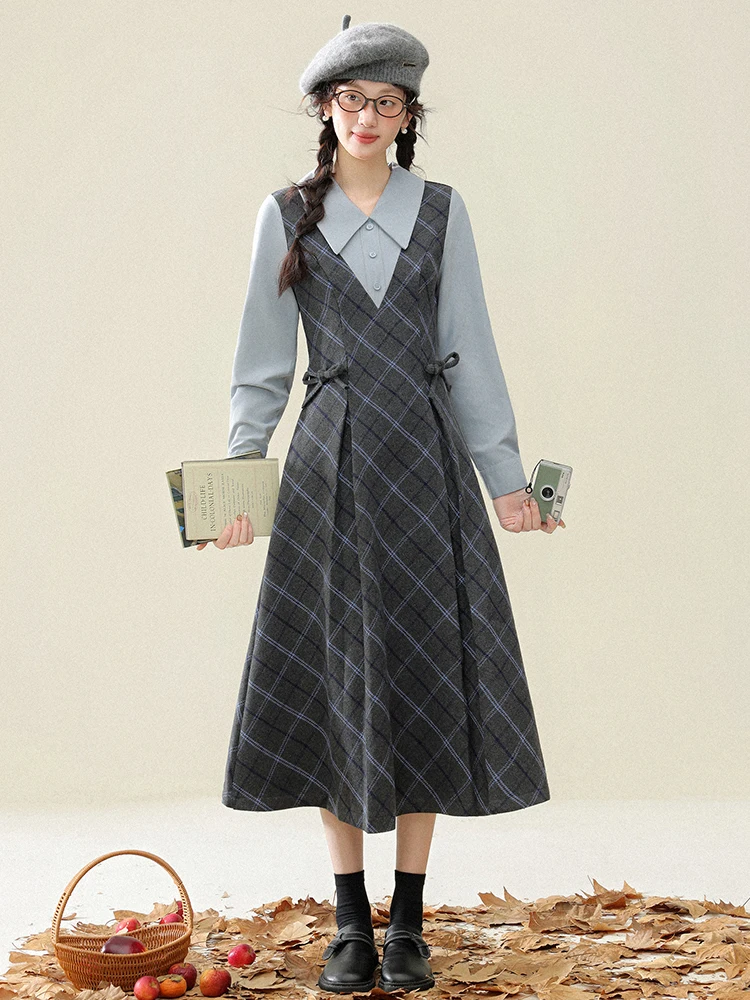 

Tee-Inch Lotus Vintage irt Collar Dr Decoration Long Skirt French Sle Splice Waist Cinch Polyester Fiber