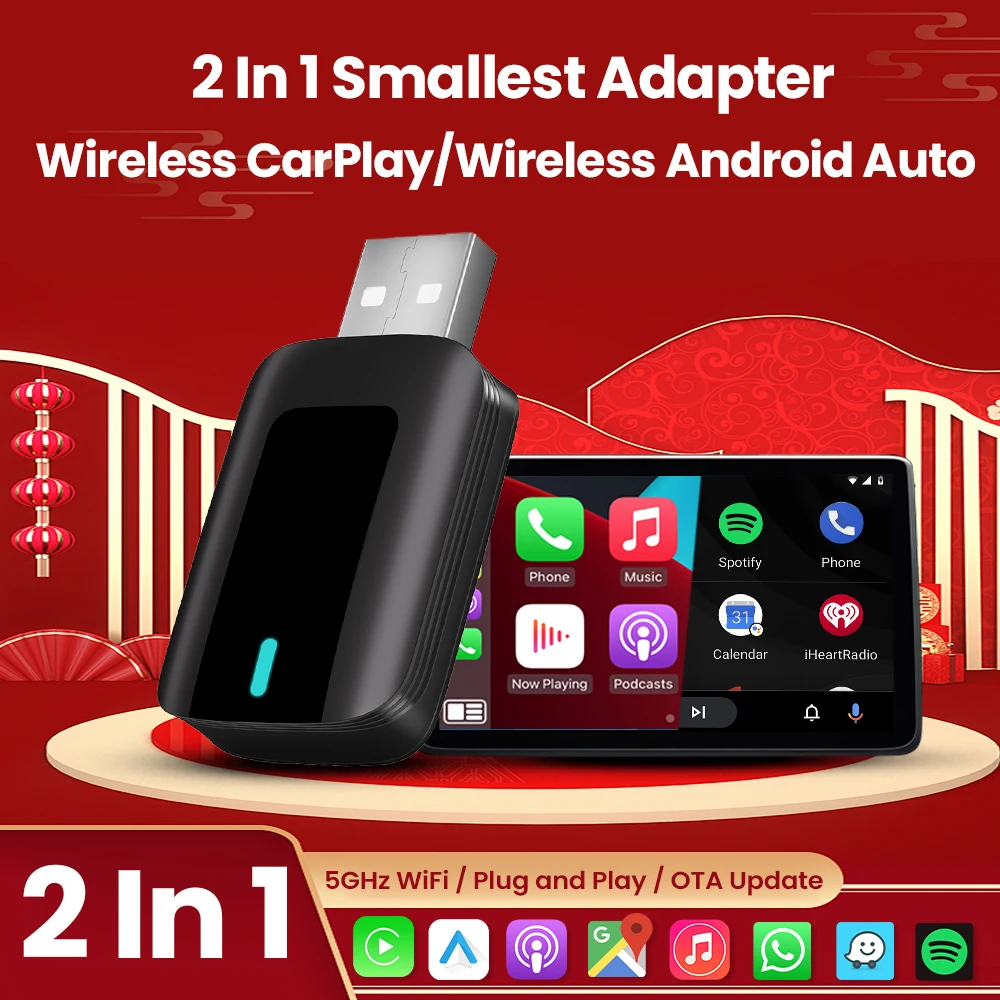 

2025 Новый проводный к беспроводному адаптеру Carplay Smart 2in1 Android Auto Plug and Play для Renault Jeep Toyota Buick Lexus Mazda Audi