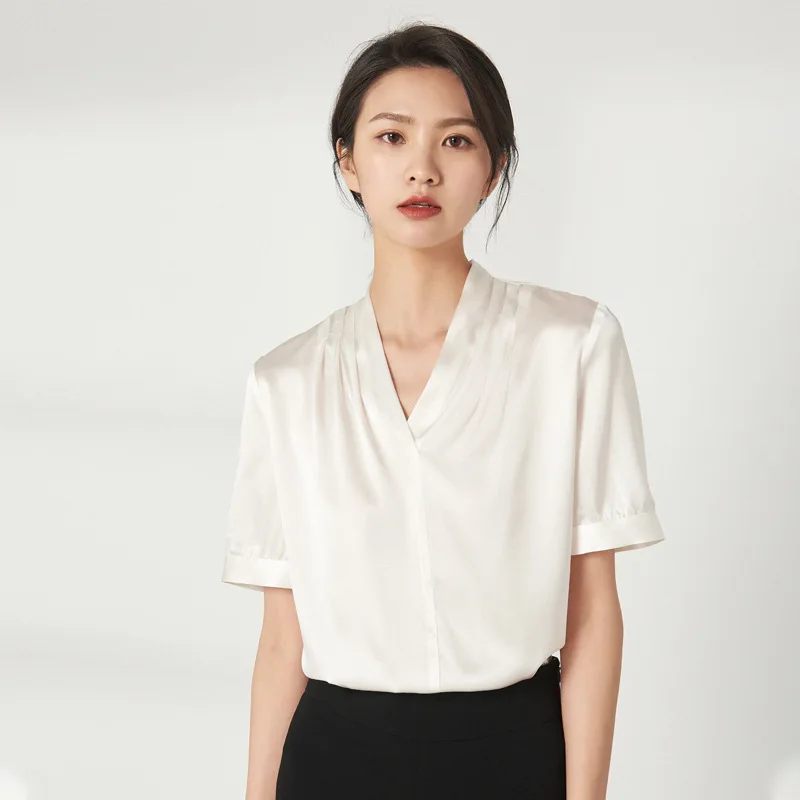 Heavy Silk Short-sleeved T-shirt Women's 2024 New 19mm Mulberry Silk Satin V-neck Top Silk Backing OL Shirt