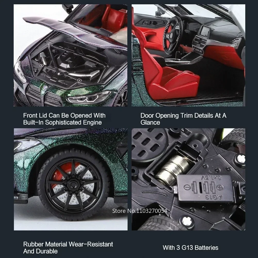 Escala 1/24 m4 modelo de carro brinquedo liga fundida veículo 4 portas abertas corpo metal borracha pneu som luz puxar para trás brinquedos presente para crianças