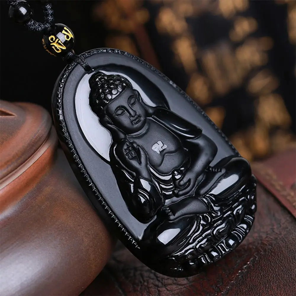 Lucky Jewelry Rope Carved Natural Obsidian Black Buddha Pendant Necklace Chain Buddha Bead