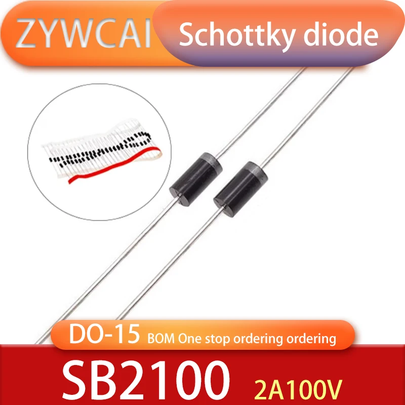 Redresseurs de barrière Schottky, BOM, un arrêt de commande, pipeline de commande, diode Schottky, 100V, SB2100 DO-15, 20 pièces