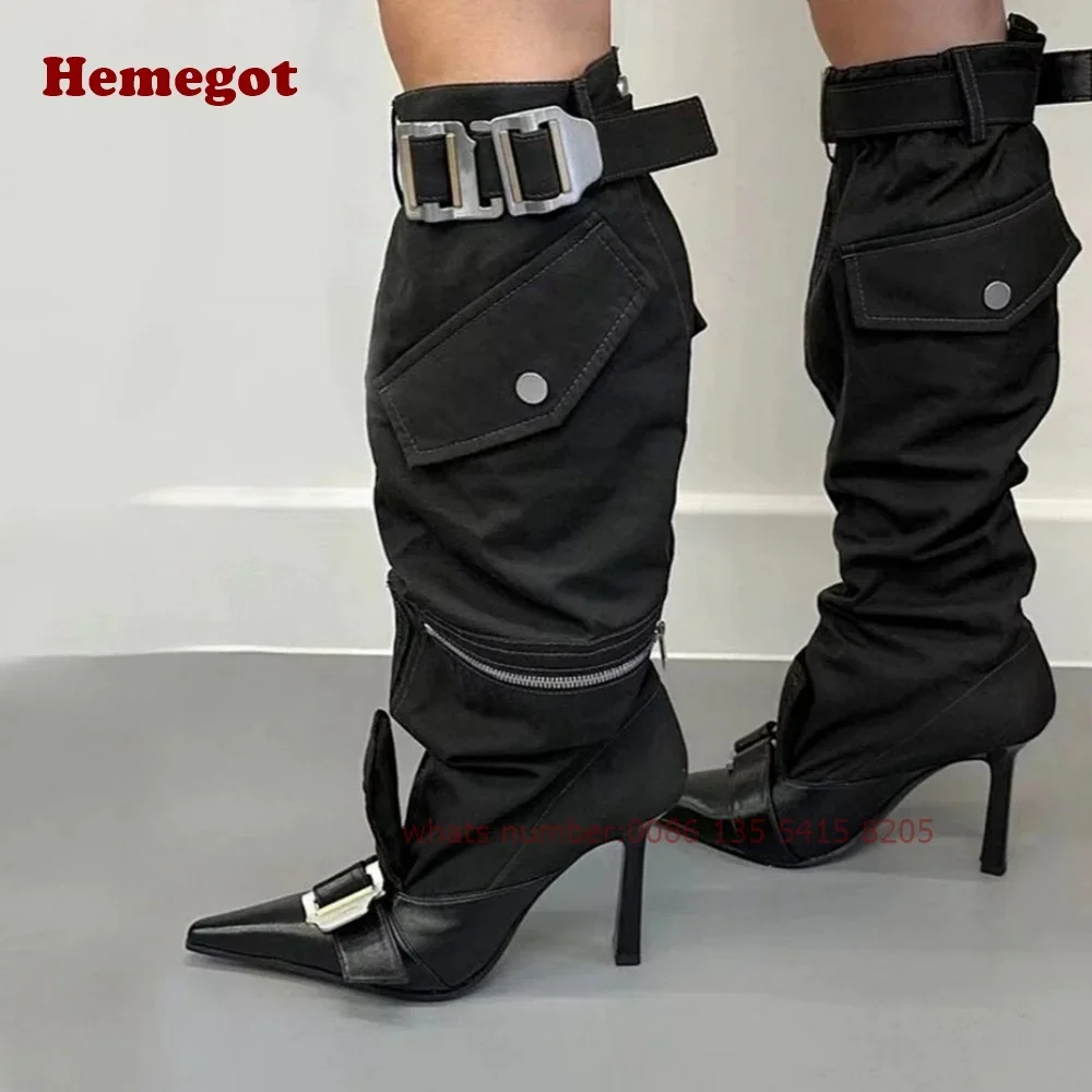 

Women's Boots Back Metal Buckle Pocket Decor Knee High Boots Pointy Toe Stiletto Patchwork Casual Runway Shoes Winter 2025 New