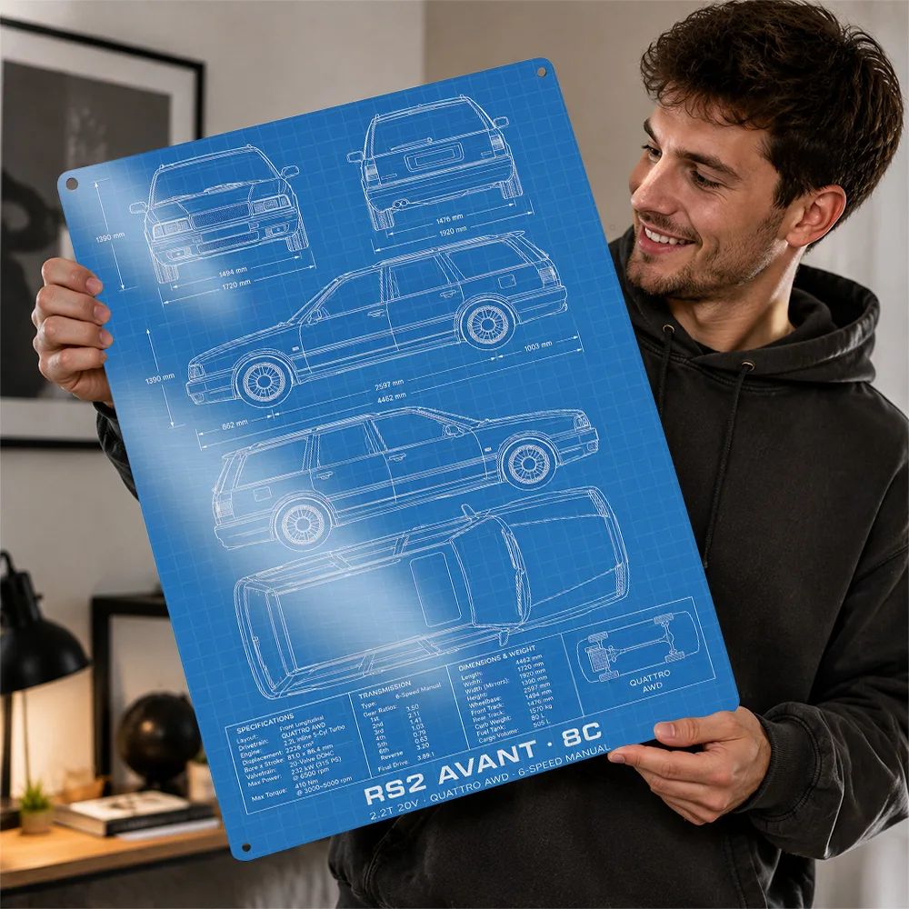 Germany RS2 Avant 8C Technical Blueprint Estate Printed Poster Customized Metal Sign Workshop Style Wall Art Perfect For Study