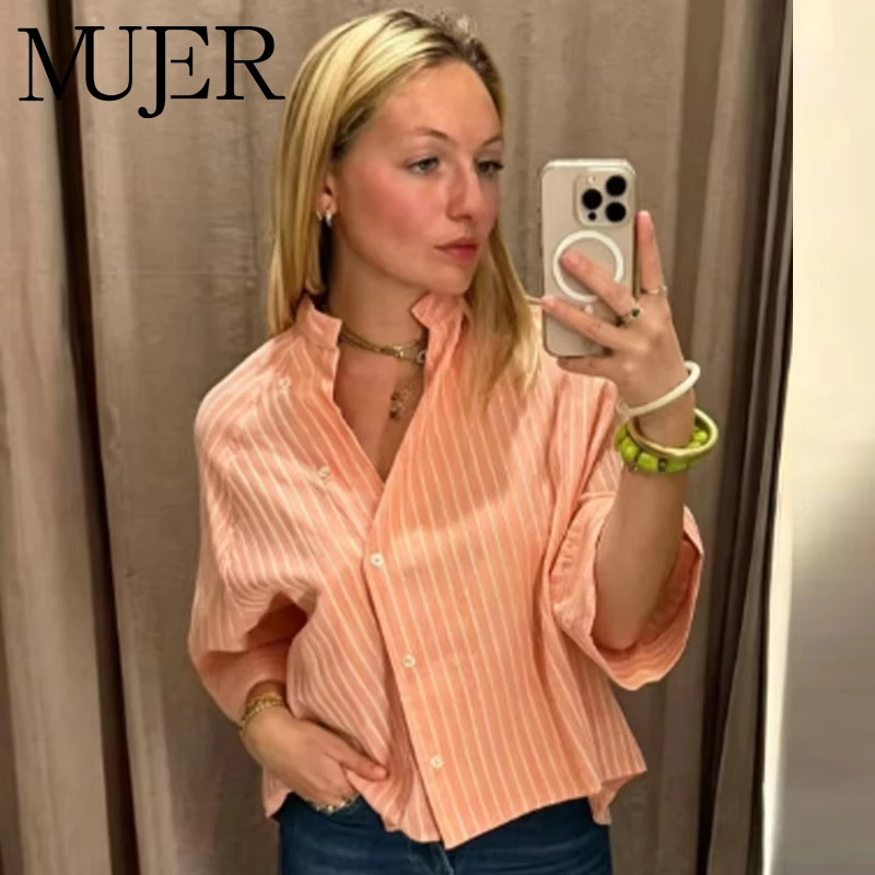 MUJER Asymmetrische gestreifte Hemden für Damen, Sommer-Hemden mit Knöpfen, Damenhemd mit weiten Ärmeln, lässiges Oberteil, Damen-Blusen für den Urlaub