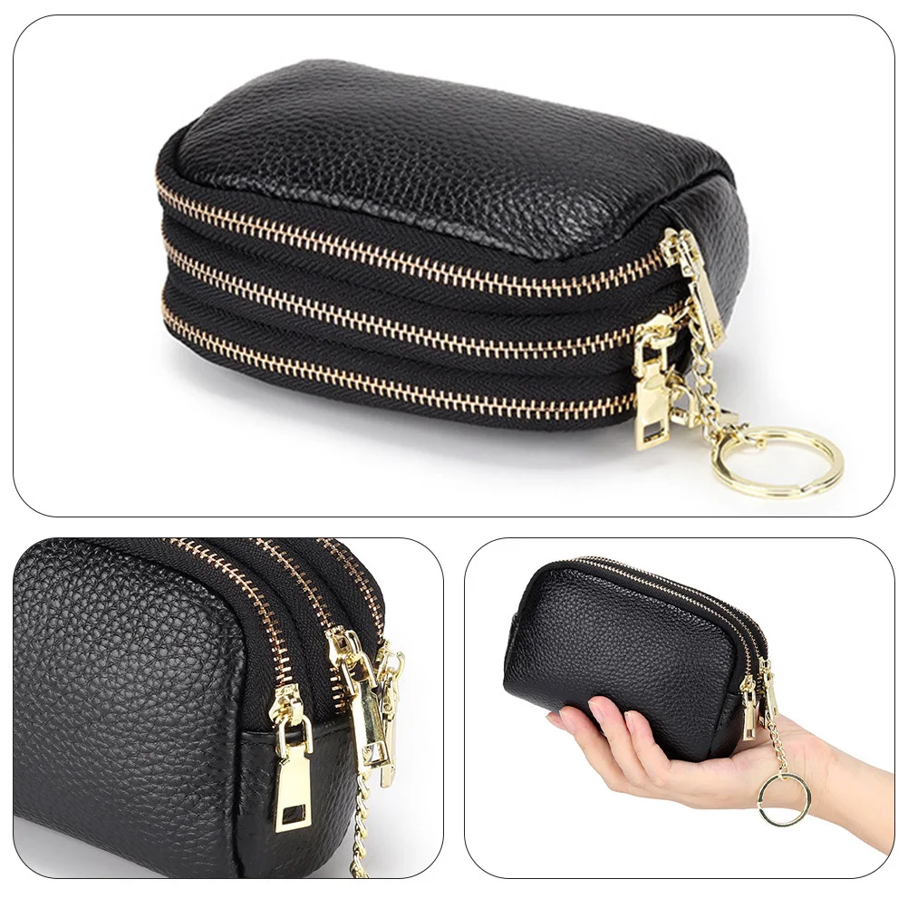 

1Pcs Cowhide Coin Purse Zippered Change Pouch Large Capacity Keychain Ring Small Wallet for Women Daily Use Makeup Cards