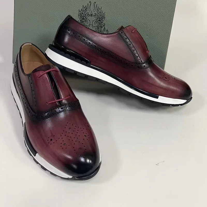 Sapatilha Oxford de couro genuíno artesanal para homens, Lace Up Brogues, sapatos de escritório comercial, marca de moda, sapatos casuais