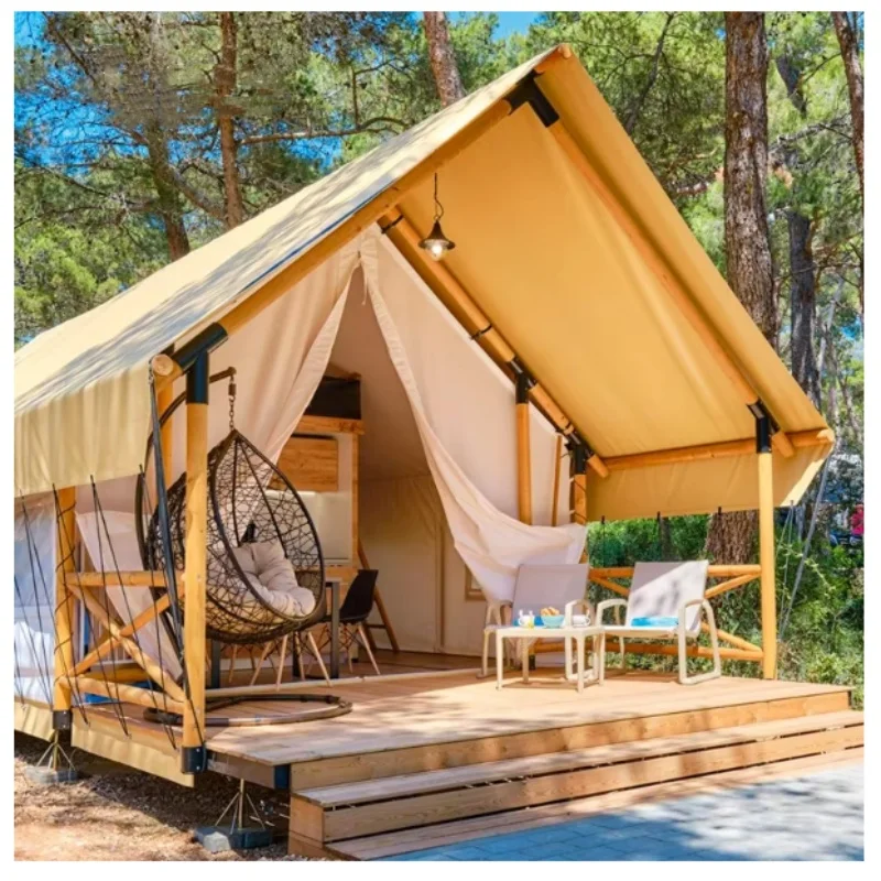 Custom Luxury Wood Canvas Lodge Glamping Hut for Outdoor Hotel Resort & Home with Waterproof Bathroom for Safari Lodge Tents
