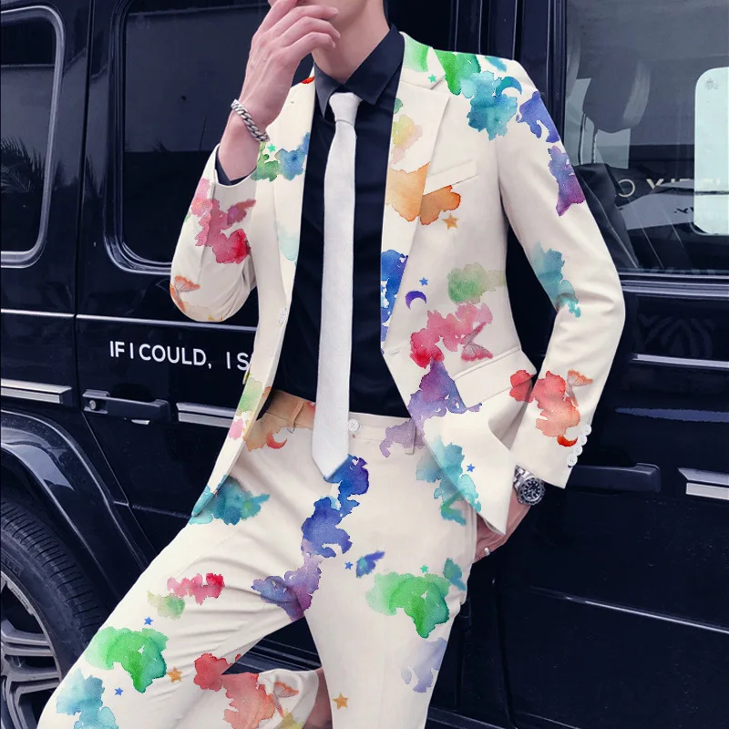 Men\'s Printed Suit Party Groom Wedding Dress Suits Stage Costume Male Singer Performance Host Blazer Pants 2 Piece Set Slim