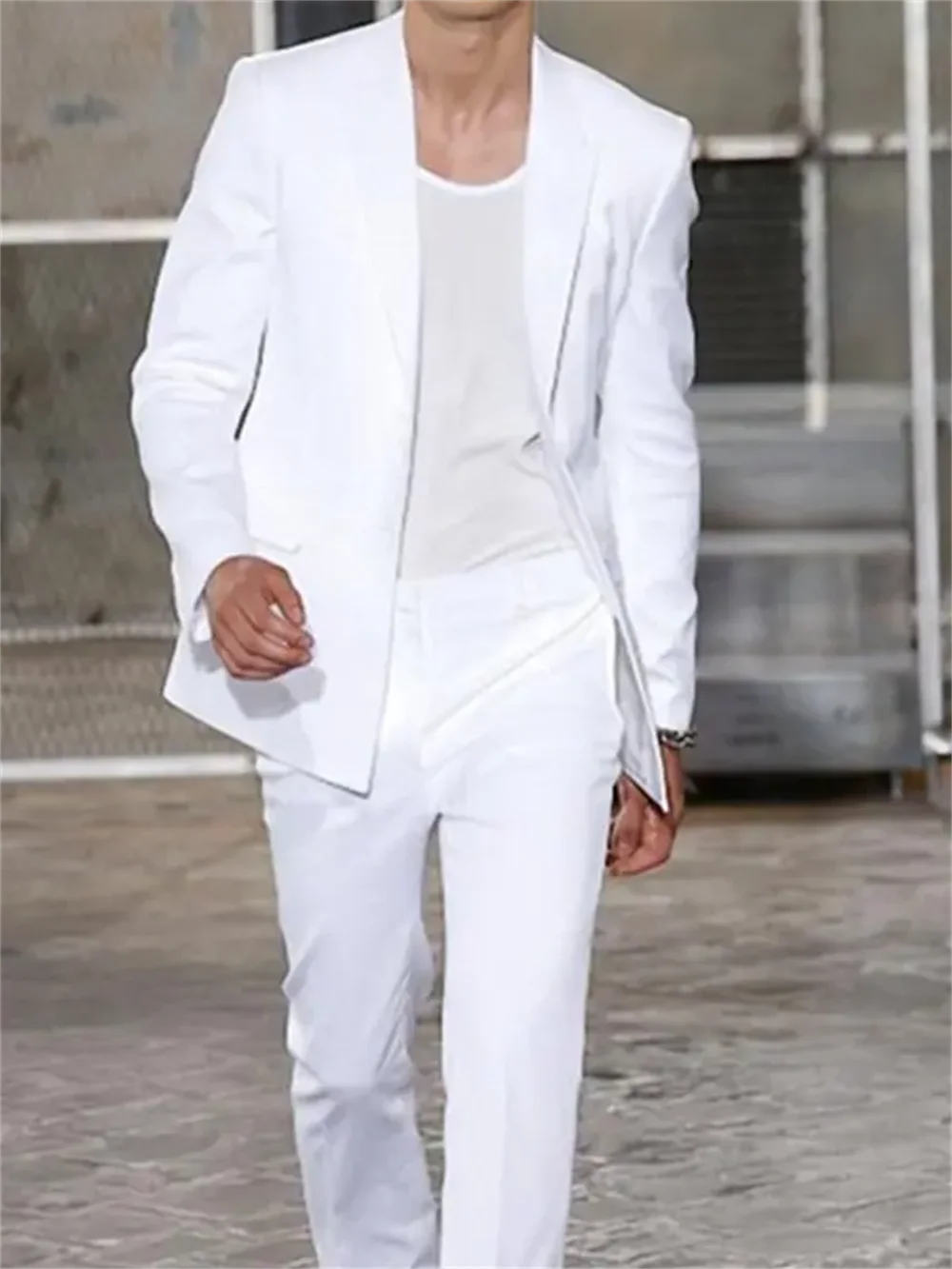 2 Pieces Long Jacket White Trousers Groom Tuxedos Wedding Suits for Men Peaked Lapel Man Blazers Coat Pants Prom