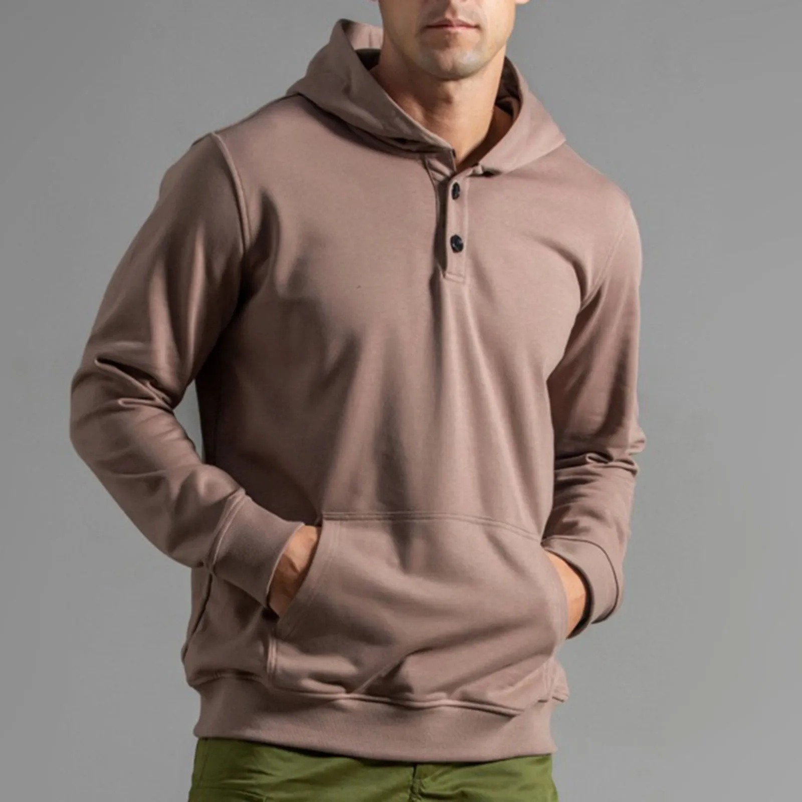 Male Autumn And Winter Long Sleeve Sweatshirt Hooded Button Down Round Neck Solid Color Top Hip Hop Outwear Casual