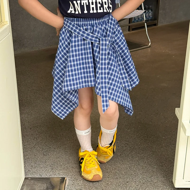

Irregular Checkered Short Skirt Casual Cute Fashionable All-match Summer Blue New Checkered Skirt Girls Clothes