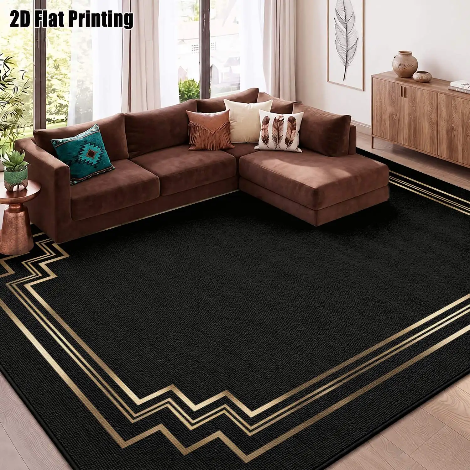 1Pc 2D Printed Carpet: Black & Gold Geometric Border, European/Minimalist/Vintage/Geometric Striped Styles, Home Decor, Multi-Size, Machine Washable, for Entryway, Dining Room, Foyer, Living Room, Bedroom