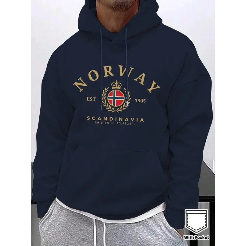 Men's Winter Casual Hoodie Norwegian Scandinavian Design Drawstring Pocket Fleece Lined Comfortable Soft Warm Fashion Sweatshirt