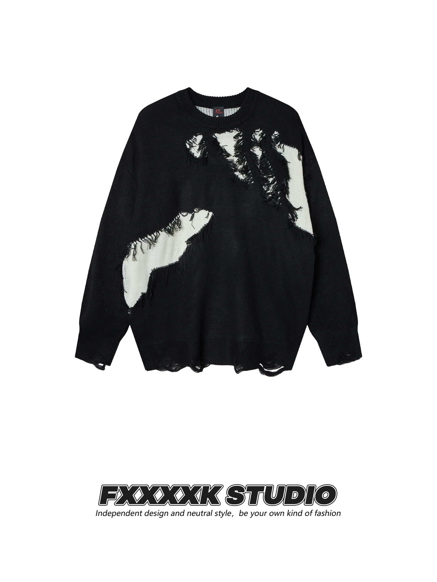 

Оригинальный свитер FXK в стиле хип-хоп оверсайз, свободного кроя, с цветными блоками, для пар, вязаный, с бахромой и дырками, теплый, мягкий, с длинными рукавами