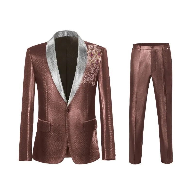 

New Men's Luxury Two-piece Suit, Burgundy Jacket+pants, European Dress Suit, Wedding, Party, Stage Performance Clothing