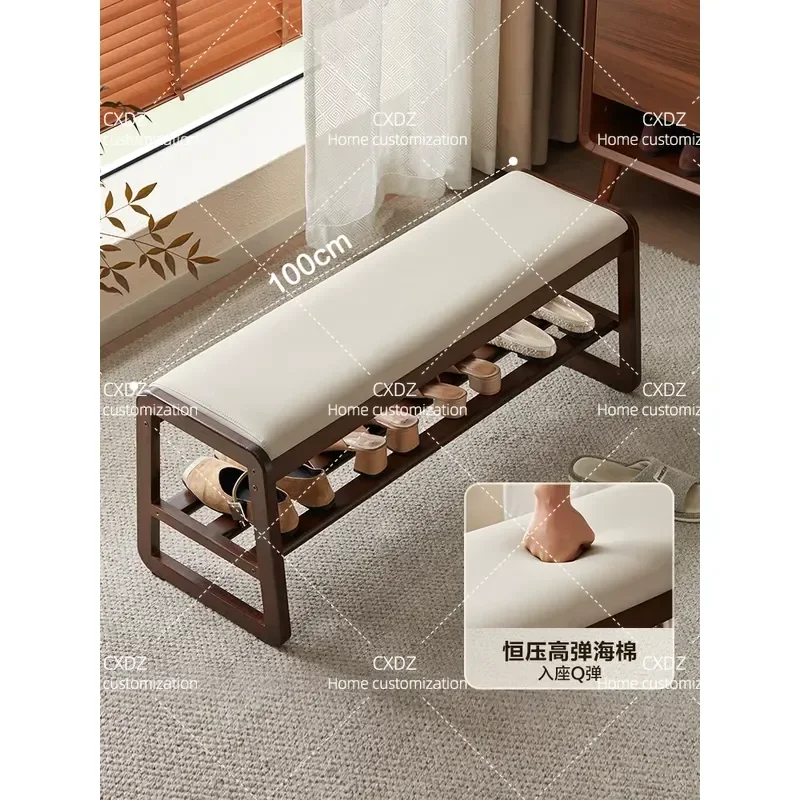 Solid Wood Shoe Rack Bench Retro Style Entry Shoe Change Stool Integrated Rubber Wood Sofa Stool KD