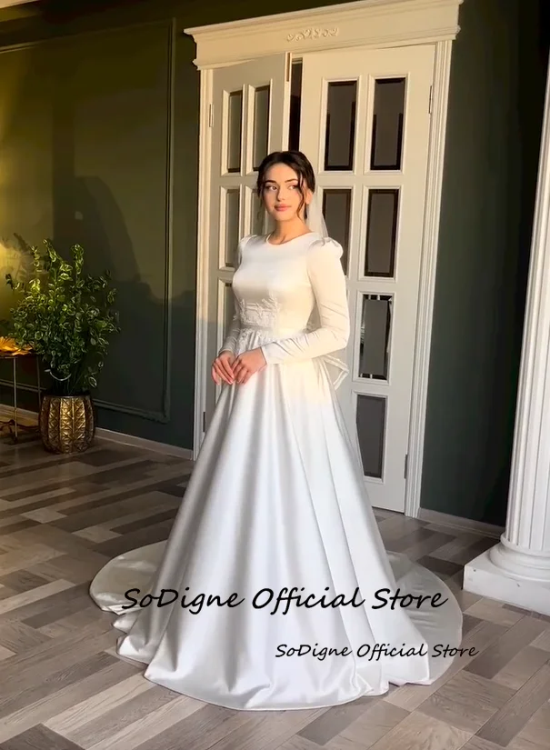 SoDigne A-lijn Satijn Bescheiden Bruid Jurken O-hals Volledige Mouwen Applicaties Trouwjurk Bruidsjurken vestidos de novia Aangepaste