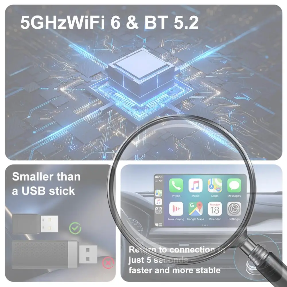 

Беспроводной адаптер 2-в-1 для CarPlay и Android Auto с голосовым управлением для автомобилей с проводным CarPlay и Android Auto