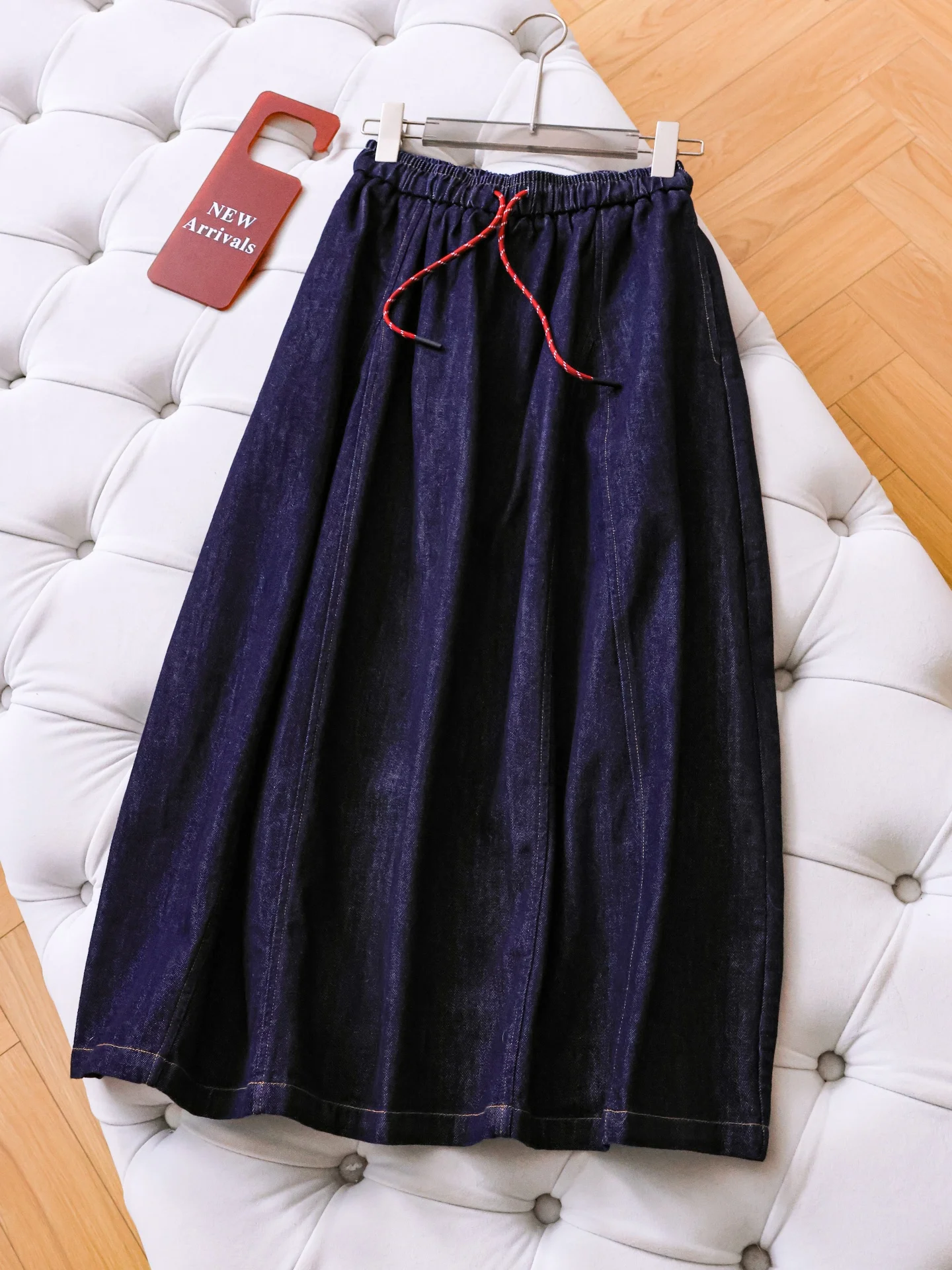High Waist Drawstring Elastic Waist Denim Blue Long Skirt Women's Half Body Skirt Spring New Style Cotton Polyester Blend