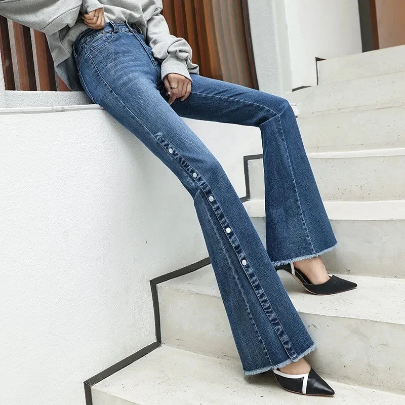 Boot Cut Jeans For Women 2024 Spring Autumn Winter New Add Velvet High Waist Korean Loose Versatile Female Fleece Split Jean 5XL