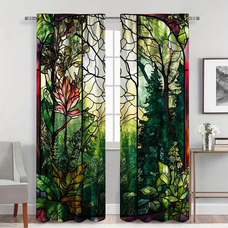 2pcs Stained Glass Forest Curtains with Rod Pocket,  Light Filtering, Artistic Botanical Window Mural for Living Room