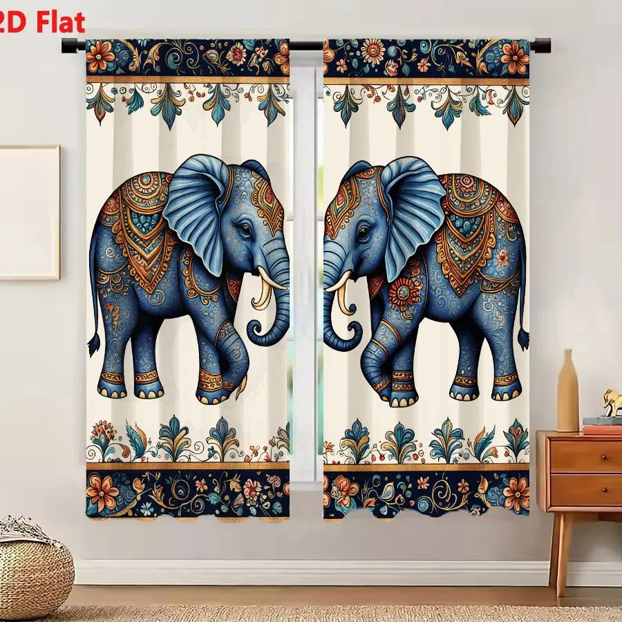 2Pcs Curtains Add 2D Flat Stylized Blue Elephants With Ornate Gold And Orange Patterns On Cream Background Window Drapes for Bed
