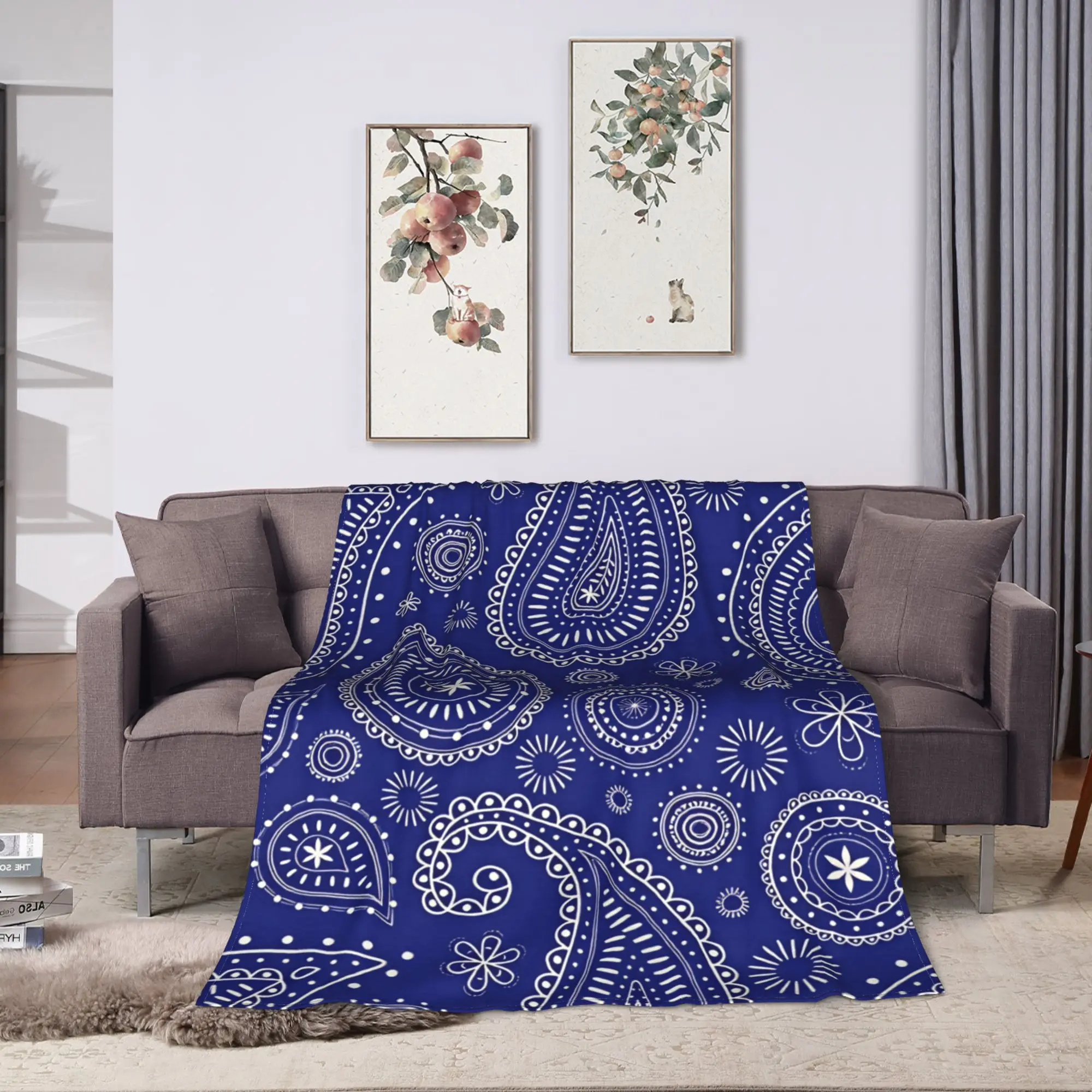 Royal Blue White Paisley Bandana Pattern Warm Cozy Blanket  Funny Travel Car Throw Blanket Couch Chair Bedspread Sofa Bed Cover
