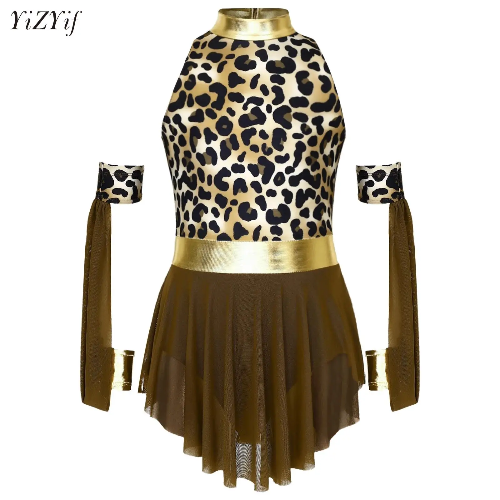 

Teen Girls Prehistoric Cave Stone Halloween Carnival Cosplay Costume Leopard Print Metallic Glossy Dress And Matched Oversleeves