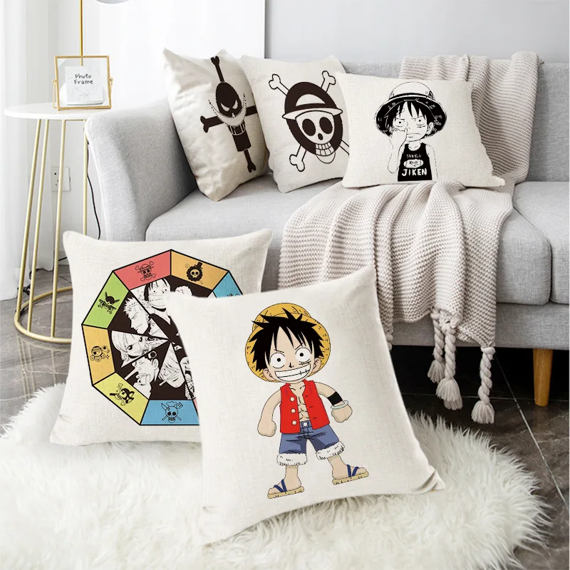 Juste de taie d\'oreiller en lin de la série Luffy, oreiller de taille, polyester, voiture, bureau, offre spéciale, une pièce, 45x45cm