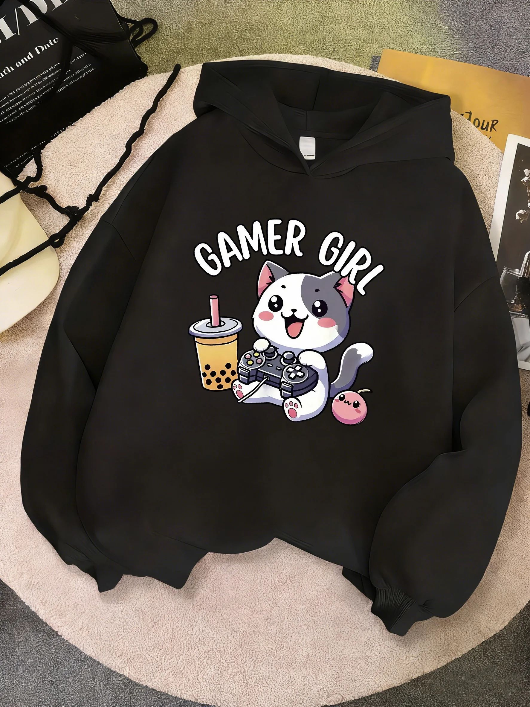 Niedlicher Katzen-Gamer-Girl-Grafik-Hoodie für Kinder, Kinder-Sweatshirt, Kapuzenpullover für Jungen und Mädchen, Herbst, Frühling, lässige Hoodies