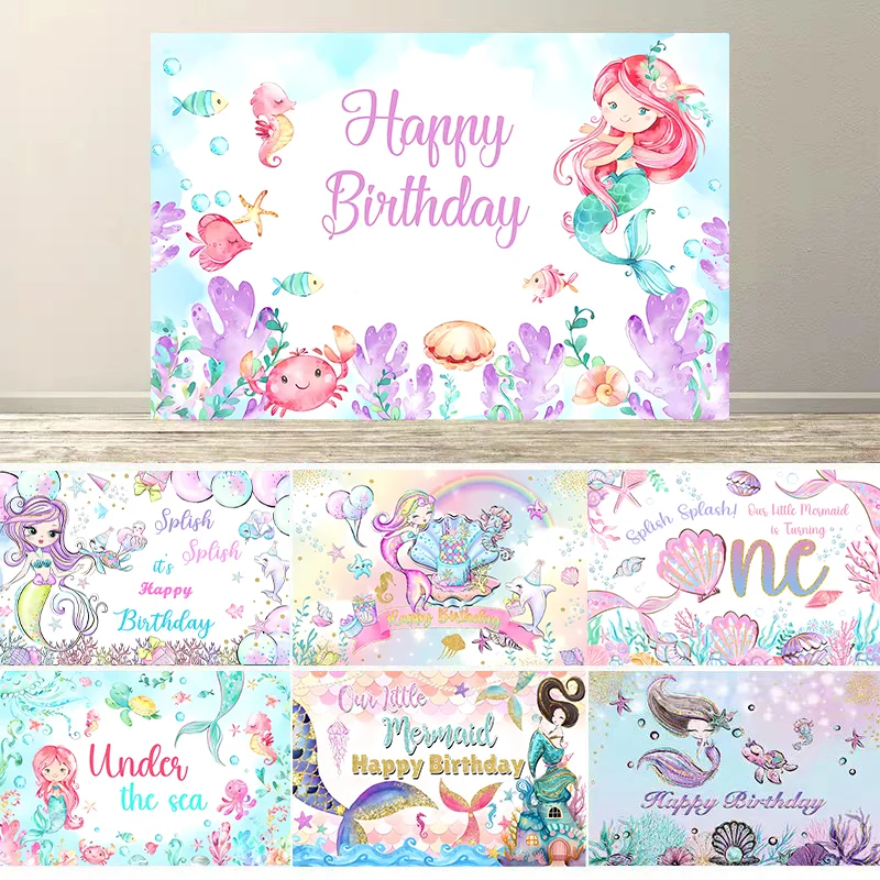 

Mermaid Birthday Backdrop Under The Sea Birthday Party Decoration for Girl Purple Glitter Mermaid Tails Photography Background