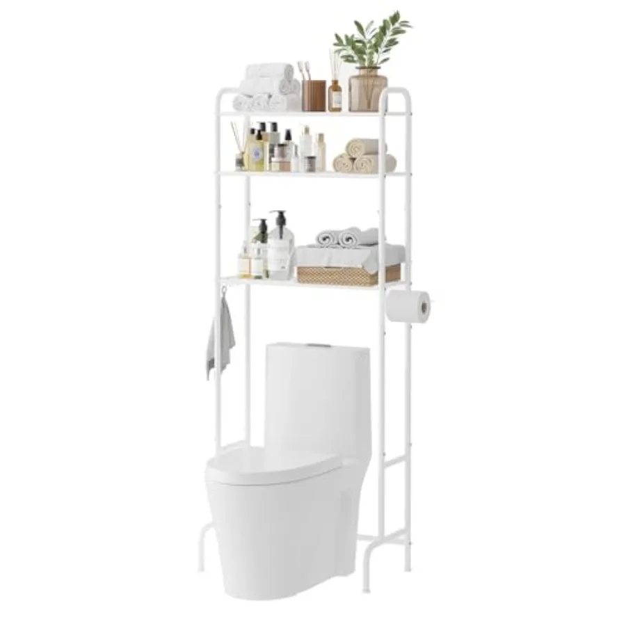 

3-Tier Over The Toilet Storage Space Saver with Paper Holder Freestanding Rack Metal Bathroom Shelves with Hooks Above The Toil