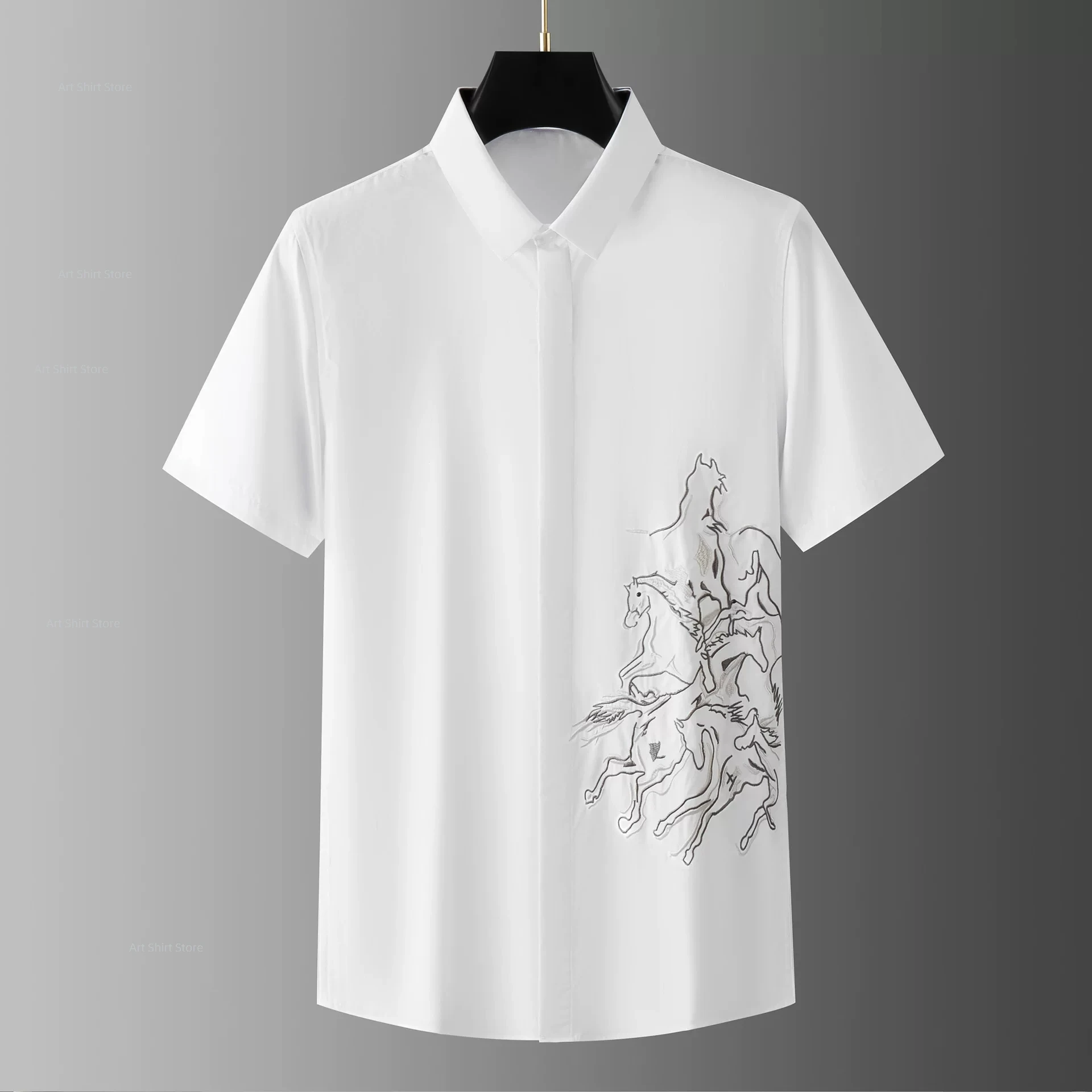 

2026 men's trendy light luxury summer men's slim-fitting shirt, "Galloping Horses" premium fashion simple short-sleeved shirt
