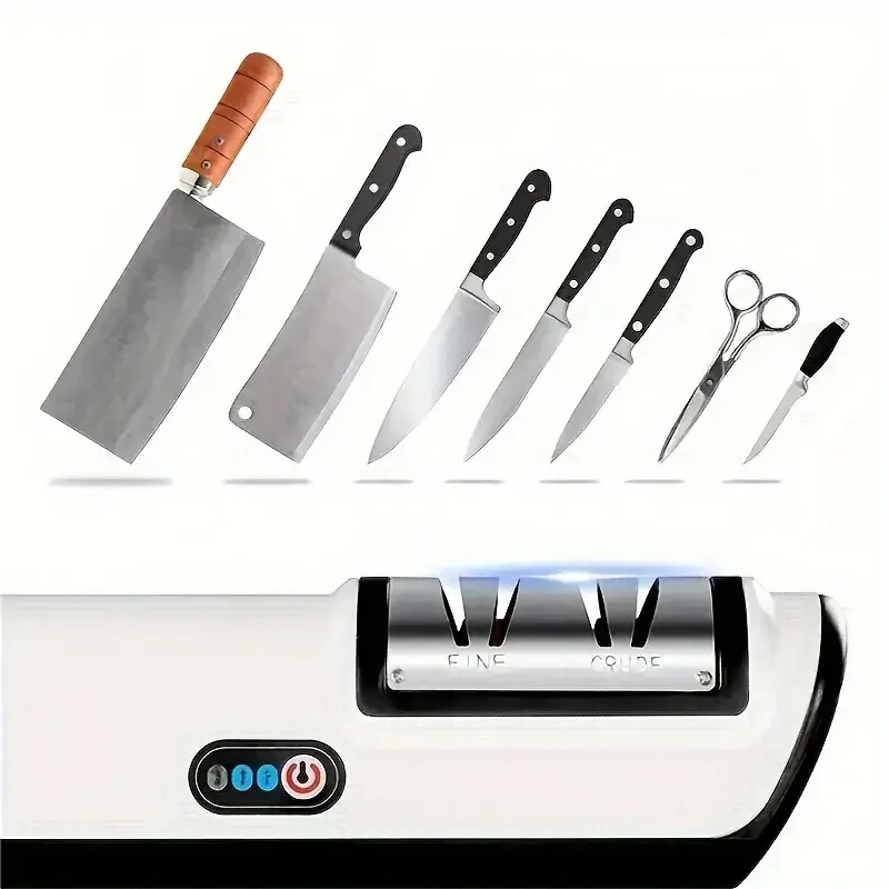

Rechargeable Knife Sharpener - Coarse & Fine Sharpening System with Safety Lock, Compact Portable Design for Home Kitchen Use