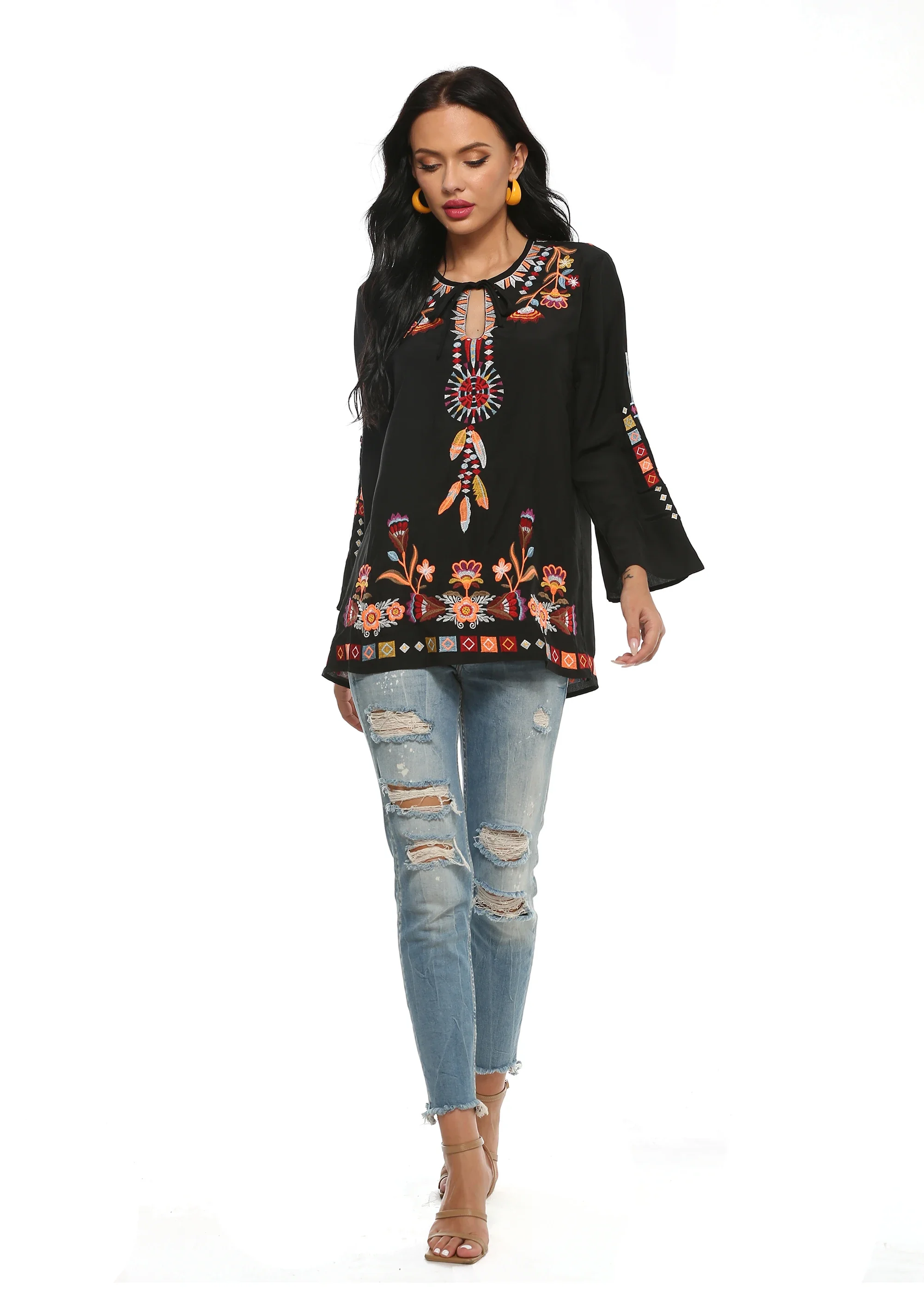 Eaeovni Embroidery Blouses Shirt Women Cotton Boho Mexican Shirt Long Sleeve Shirt Shirts  Summer Plus Size  Shirts For Women