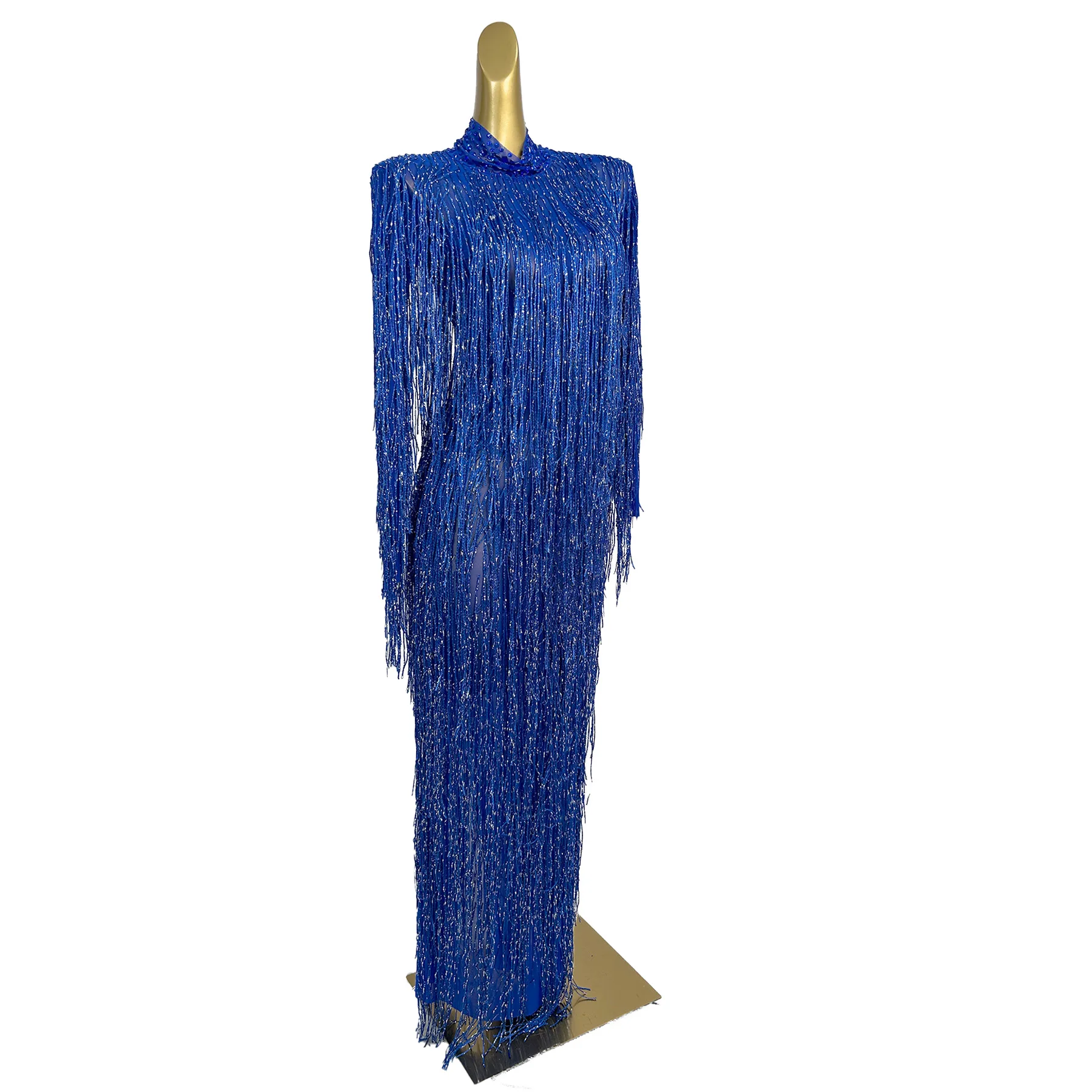 Shizi Elegant Women Dress Sparkling Blue Tassel High Elasticity Dress Stage Performance Costume Birthday Cocktail Prom Gowns