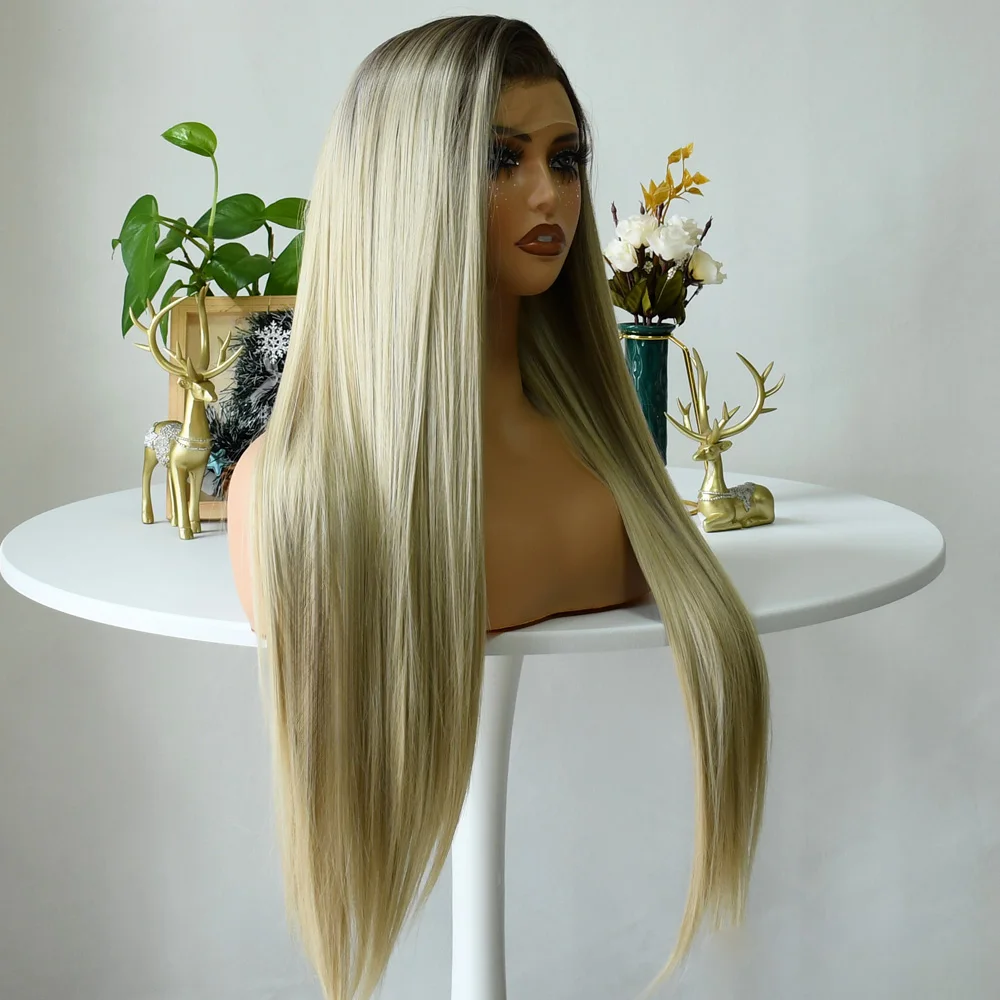 

Ombre Blonde 13x4 Bone Straight 613 Блондинка Парик Фронта Шнурка 30-дюймовые Парики Фронта Шнурка Для Женщин Волосы Бесклеевые Синтетические Парики