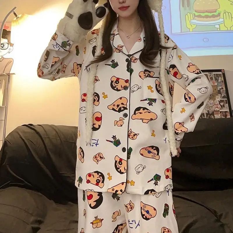 Kawaii Cute Crayon Shin Chan Pajamas Long Sleeved Pants Ins Students Loose Comfortable Leisure Cartoon Anime Birthday Girl Gift