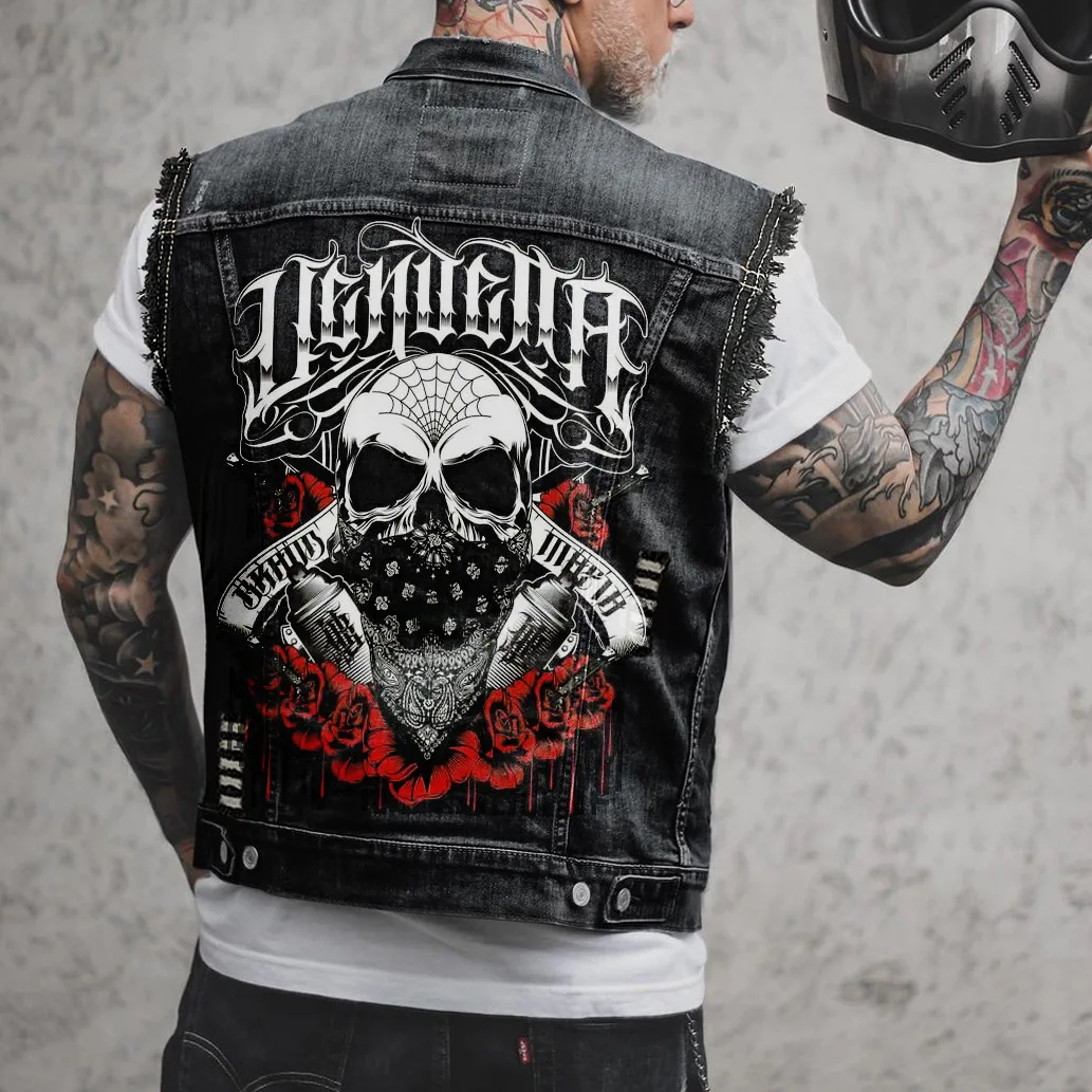 Mens Skull Print moto Biker Denim gilet Vintage Cowboy gilet Punk Rock Hole Casual senza maniche Jean Jacket Coat Helmet