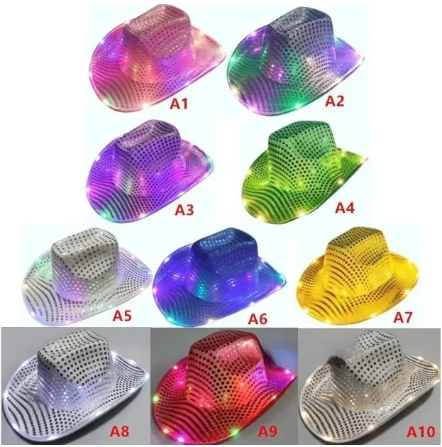 

2025 Wholesale Cowgirl LED Hat Flashing Light Up Sequin Cowboy Hats Luminous Caps Halloween Costume FY0262 0215
