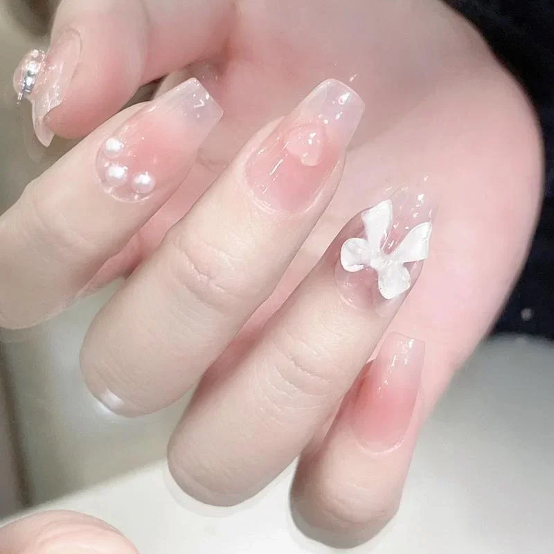 Sweet Princess Wearable Pink Press on Fake Nails Tips Short False Nails Design Blush Bow Girl Nail Patch Full Finished Nail Art