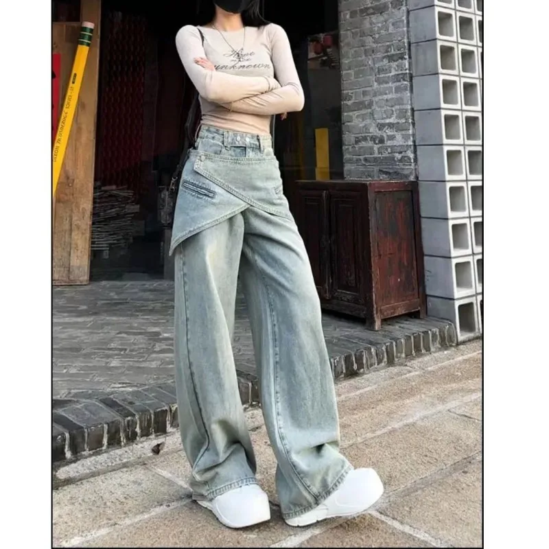 Cool High-waisted Jeans Female Plus Size Retro Street Personality Detachable Waist Belt Stacked Wide-leg Pants