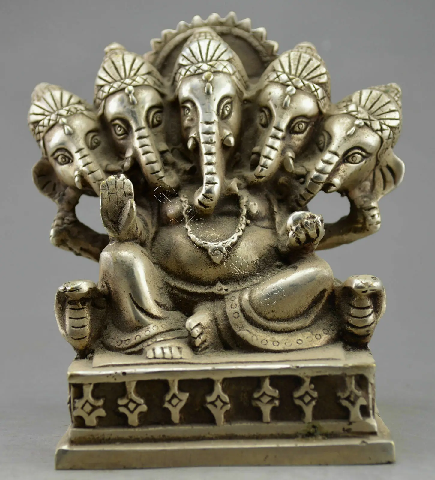 Tibet silver 5 Head Ganapati Ganesh Lord Ganesha Elephant Buddha Snake Statue