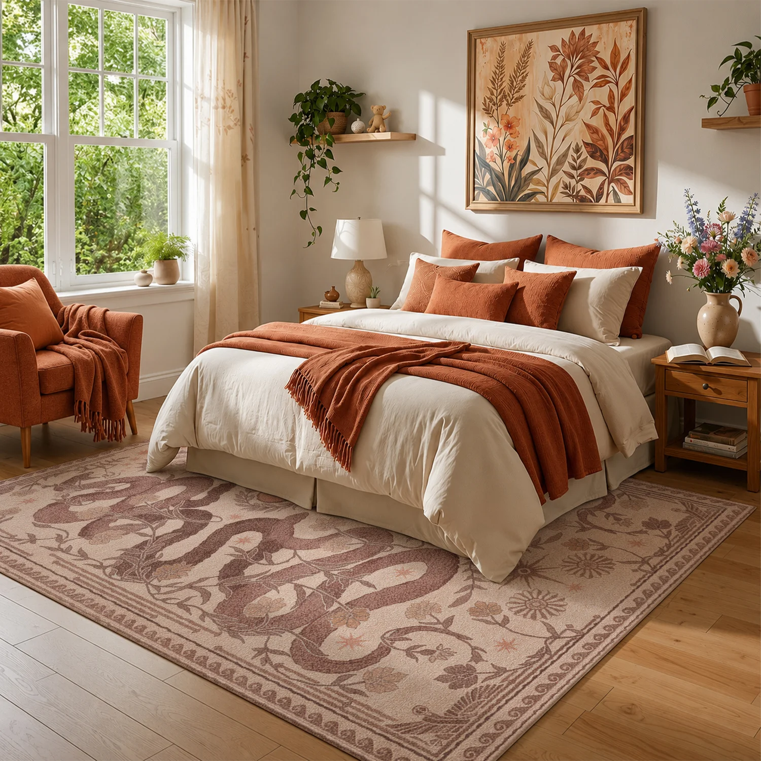 Large Indoor Area Rug, Soft Velvet Low Pile Rug with Non-slip Dotted Backing, Machine Washable Vintage Boho Snake & Floral Pattern Rug, Earthy Neutral Tones for Living Room, Bedroom, Entryway