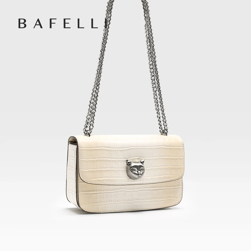 BAFELLI Premium Crocodile Grain Leather Square Bag Gradient Effect Cat Head Accent Chain Shoulder Strap Single Crossbody Use